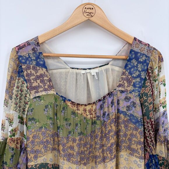 Anthropologie Floreat Patchwork Peasant Top, Sz Small, Bell Sleeves Beaded Trim - Picture 3 of 11